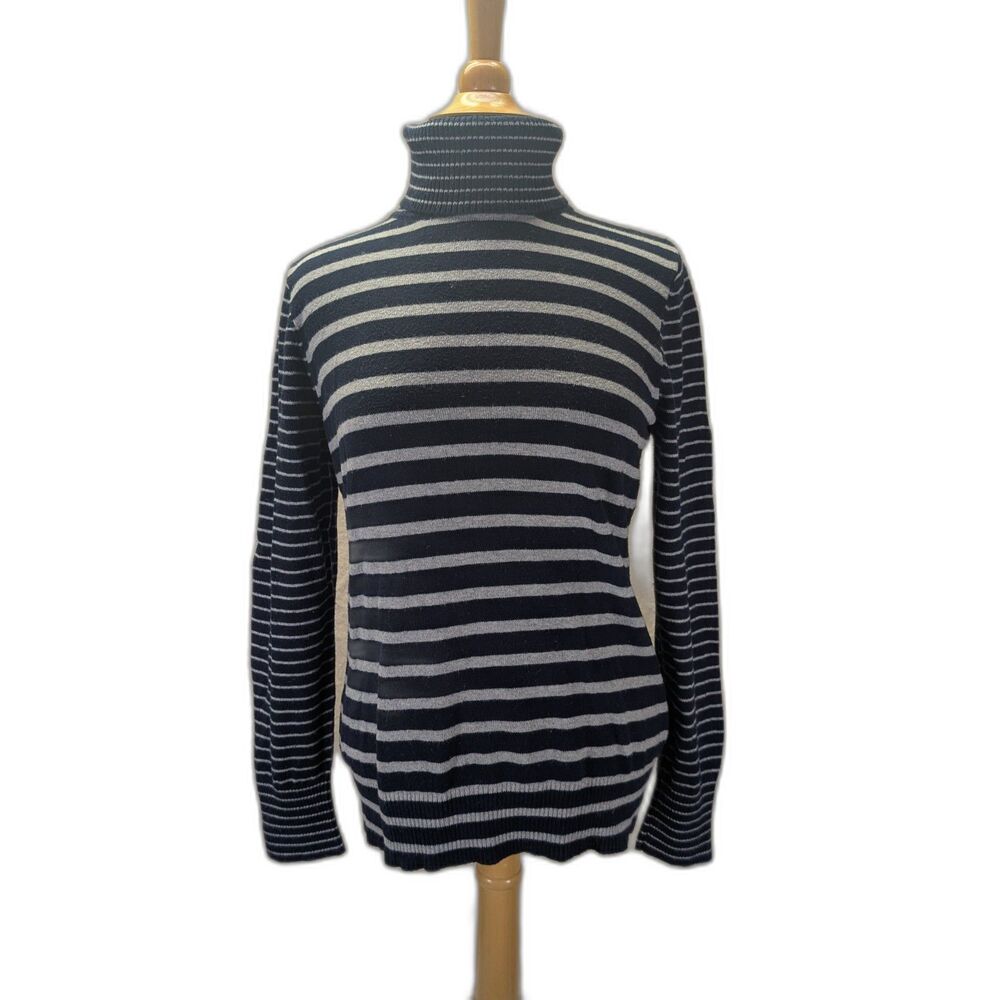 LL Bean Cashmere/ Cotton Blend Turtleneck Sweater Navy/ Gray Stripe SZ M